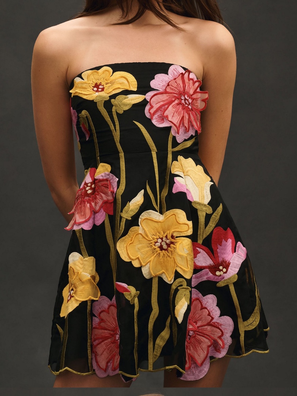 Strapless Floral Organza Mini
Dress / Strapless Black Floral Appliqué Dress